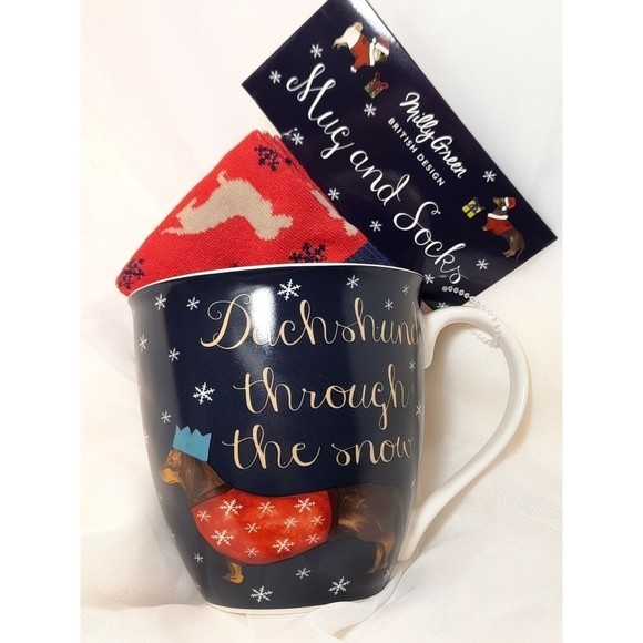 New Milly Green Christmas Dog Mug & Socks Set “Dachshund Through The Snow" Blue - Picture 1 of 9